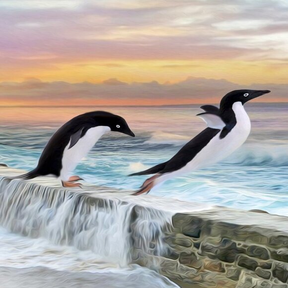 12x18 Penguin‎ Fantasy Ocean Landscape Watercolor Oil Painting Art Print - Picture 3 of 7